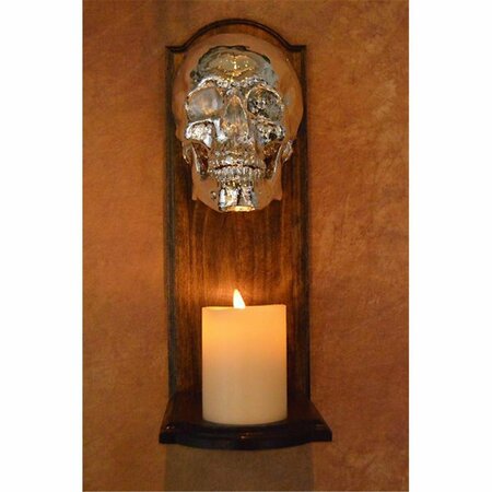 SKELETONS & MORE Wall Sconce, Chromed Skull at Top of Wood Frame, No Candle SCON-800CHRNC